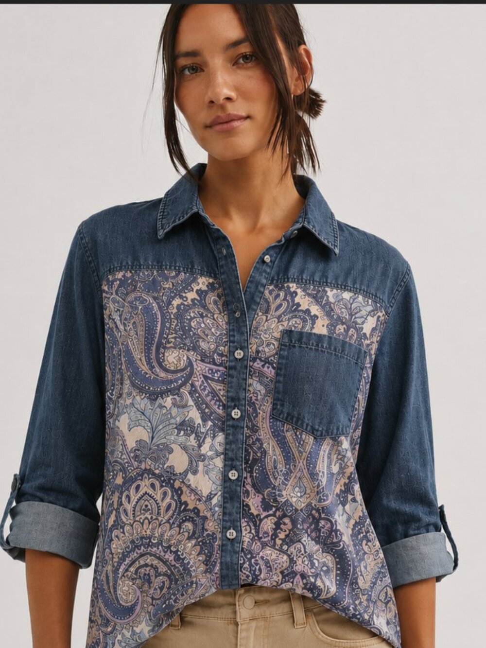 CHICO'S DENIM AND PAISLEY ROLL TAB SLEEVE SHIRT